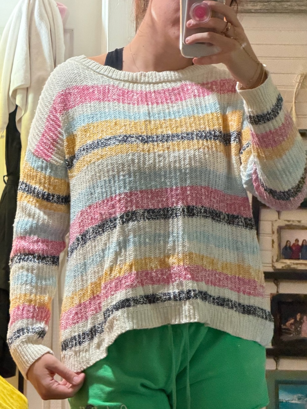 Harper Cream Striped Crewneck Sweater with Pastel Pink, Blue & Yellow